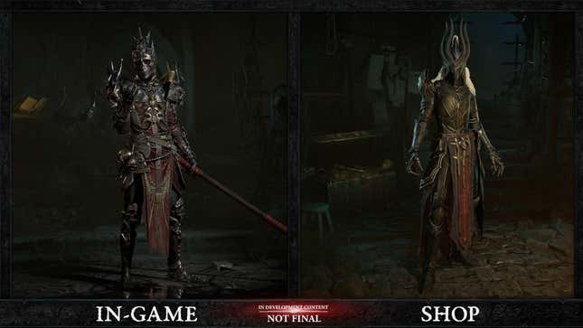 Una captura de pantalla muestra la armadura del juego frente a los cosméticos pagados. 